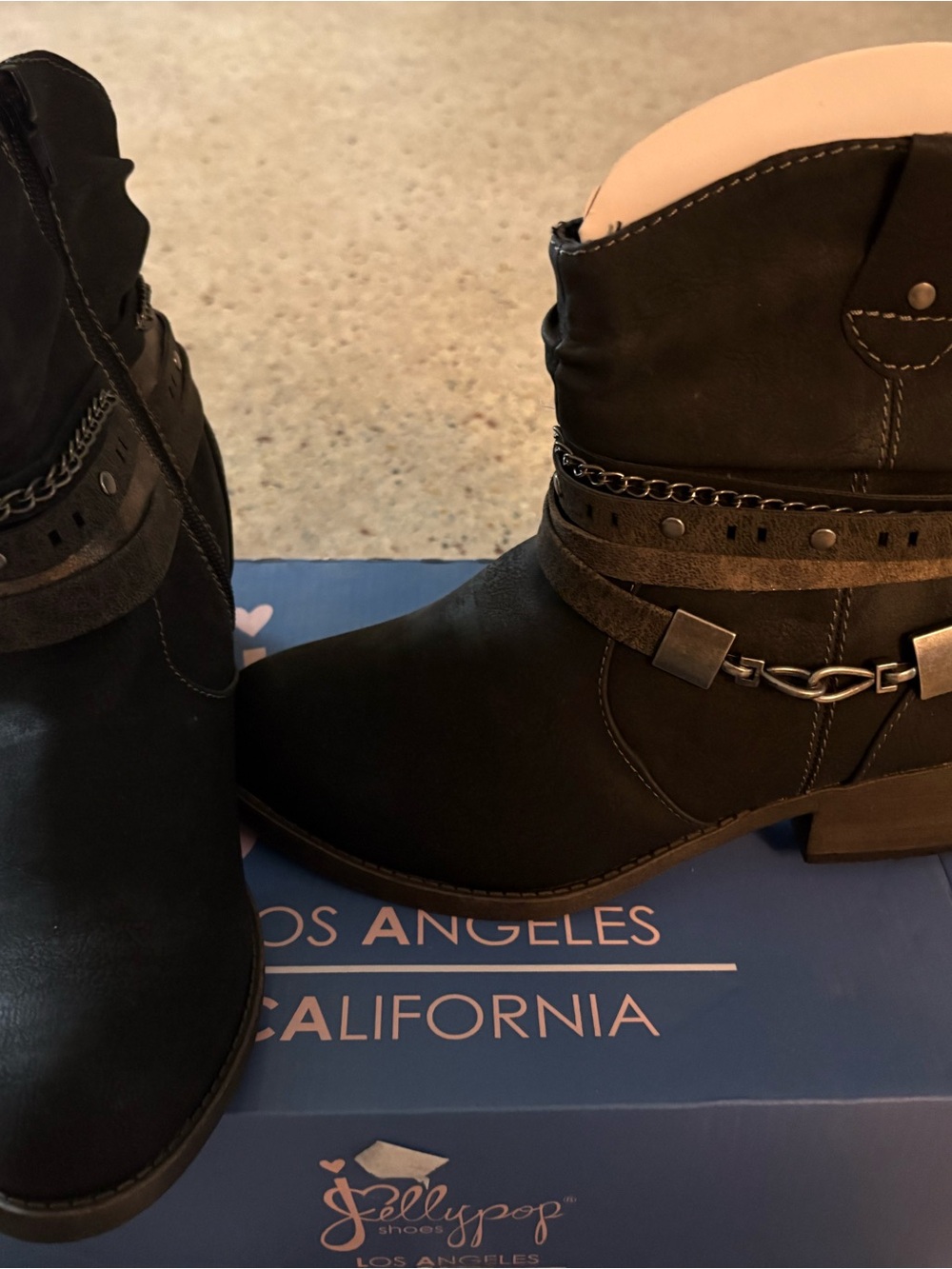 Jellypop Black Suede Western Ankle Boots with Chain Accent